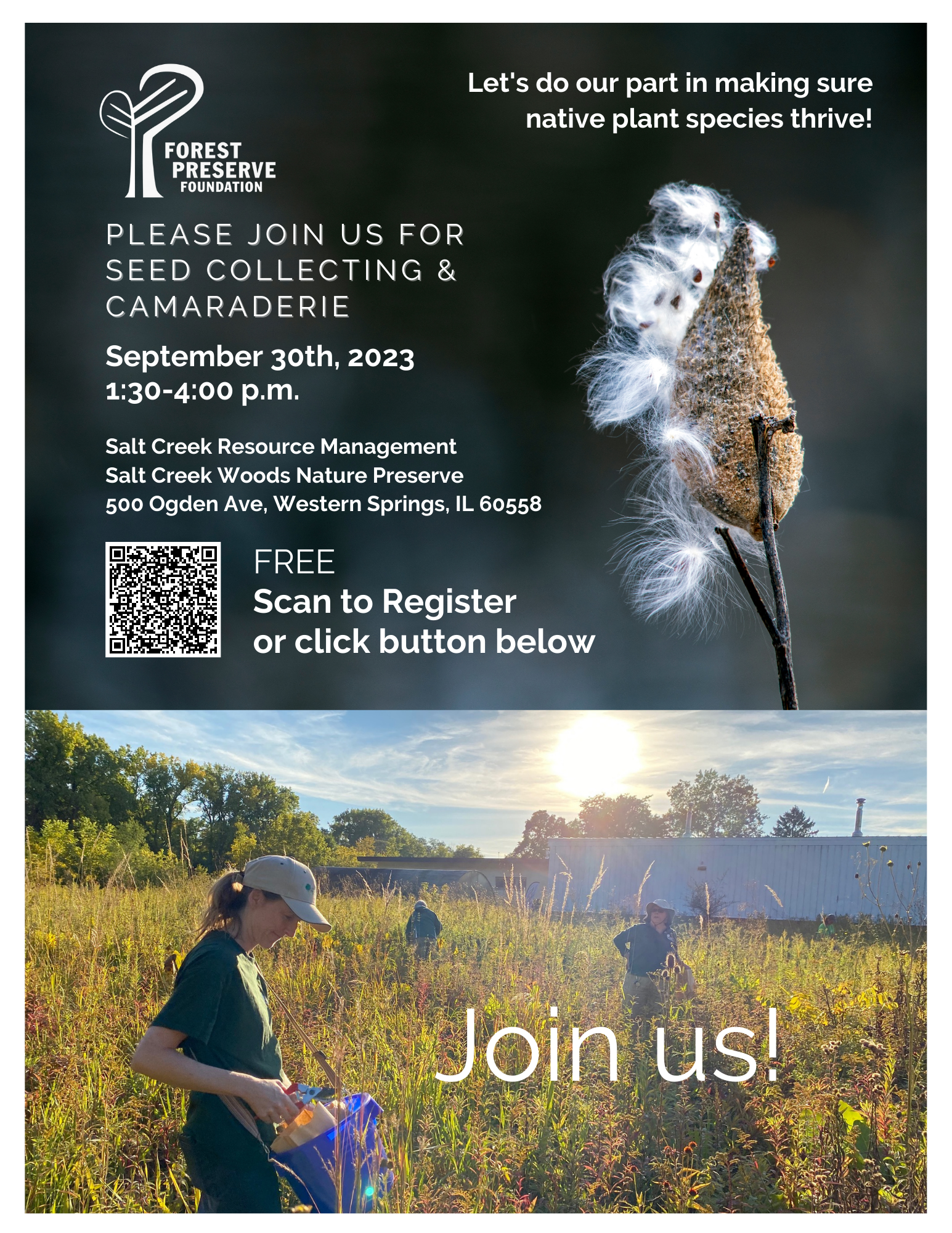 Website Seed Collecting Join us! (2) Invitation to Seed Collecting and Comaraderie event on Sept. 30, 2023 with a bursting milkweed pod with seeds against a dark gray background. and a photo below of people collecting seeds in a prairie at the Forest Preserves of Cook County.